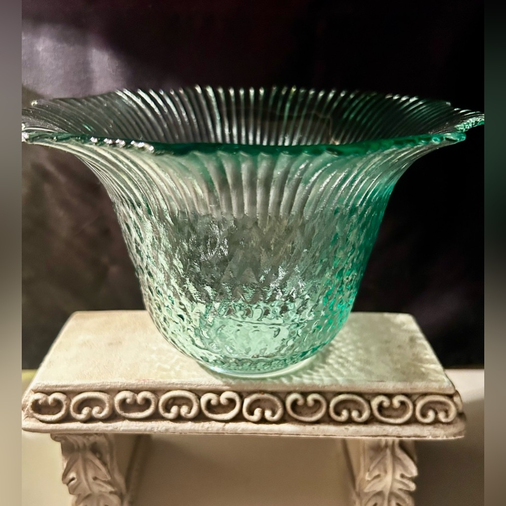 Green vase/ candle holder. 4”x7”  Handblown glass art.